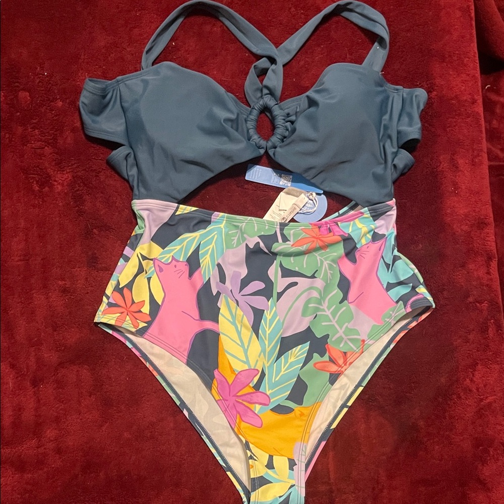 Cupshe Teal and Tropical Print One Piece Swimsuit